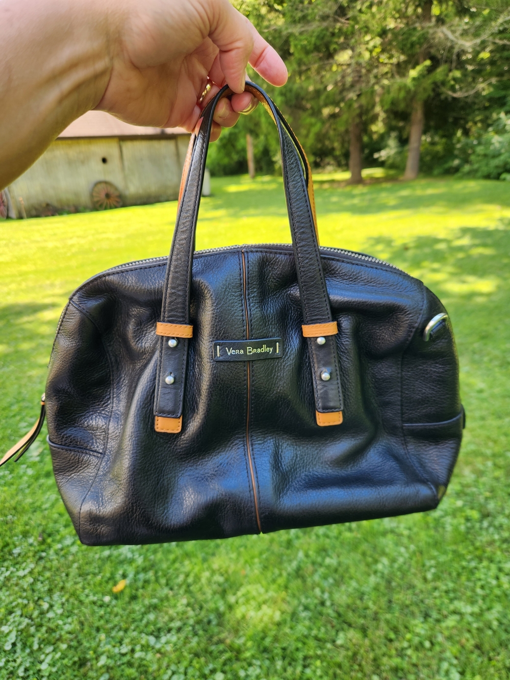 Vera Bradley Black Leather Handbag with Tan Accents